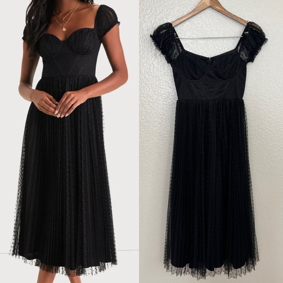 NWOT Cute Purpose Black Mesh Swiss Dot Puff Sleeve Bustier Midi Dress - Picture 1 of 10